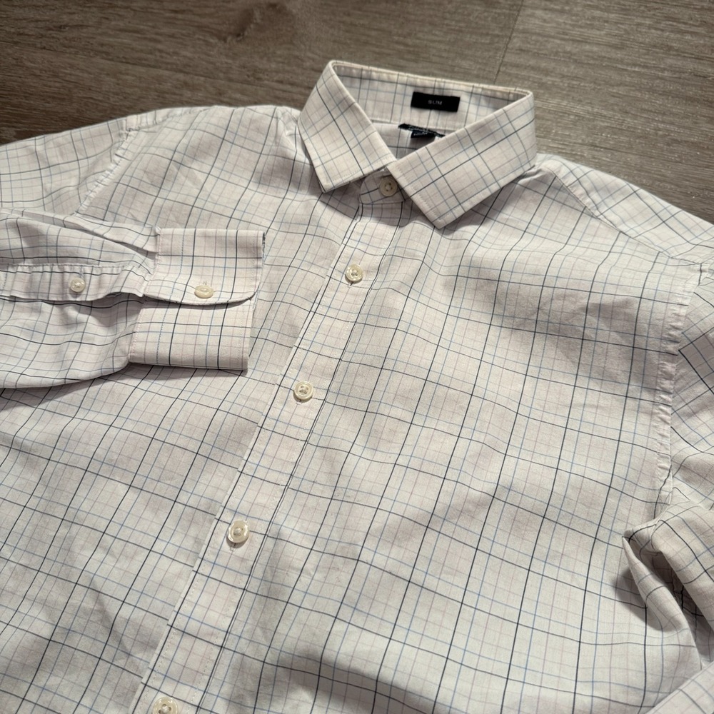 J Crew Shirt Mens Medium White Blue Paid Performance Slim‎ Long Sleeve Button Up